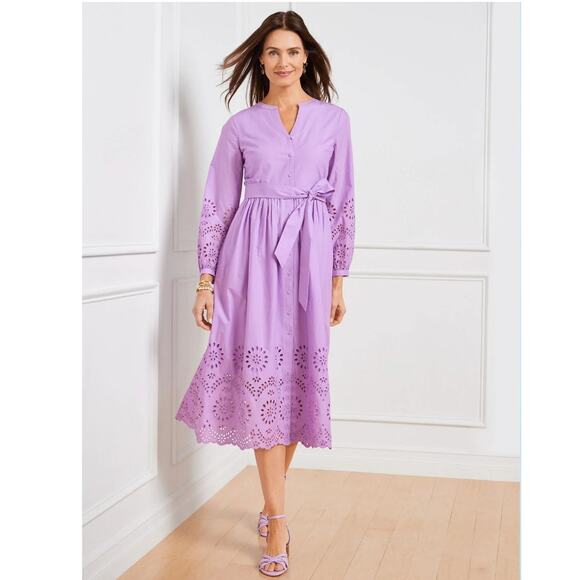 Talbots Purple Placed Eyelet Fit & Flare Shirt Dress Cotton Lined Midi Size 2P - Picture 1 of 10